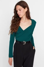 Trendyol Emerald Green Waistband Draped Detail Fitted/Situated Elastic Snaps Knitted Bodysuit