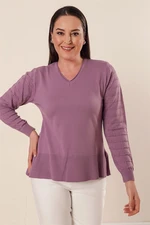 By Saygı V-Neck Lilac Acrylic Sweater with Sleeves Patterned Plus Size Acrylic Sweater with slits in the sides.