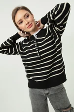 Lafaba Women's Black and White Button-down Turtleneck Striped Knitwear Sweater