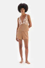 Dagi Brown Velvet Woven Shorts with Ribbon Detail and Lace Garnish.