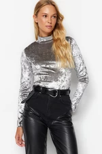 Trendyol Gray Velvet Stand-Up Collar Fitted/Slip-On Knitted Blouse With Long Sleeves