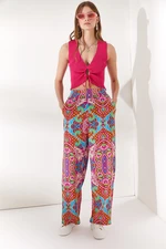 Olalook Women's Fuchsia Baby Blue Viscose Viscose Trousers with a Thick Waist Band and Pockets