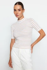 Trendyol Camel Stripe Standing Collar Fitted/Simple Short Sleeve Flexible Ribbed Knitted Blouse Trendyol Camel Stripe Standing Collar Fitted/Simple Short Sleeve Flexible Ribbed Knitted Blouse