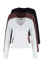 Trendyol White-Brown-Black 3-Pack Long Sleeve V-Neck Basic Knitted T-Shirt