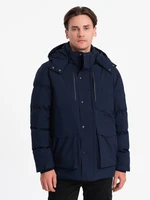 Ombre Men's winter jacket with detachable hood and cargo pockets - navy blue Ombre Men's winter jacket with detachable hood and cargo pockets - navy blue