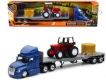 Freightliner Cascadia with Flatbed Trailer Blue with Farm Tractor Red and Hay Bales "Long Haul Trucker" Series 1/43 Diecast Model by New Ray