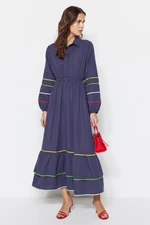 Trendyol Navy Blue Striped Detail Half Paw Cotton Woven Dress