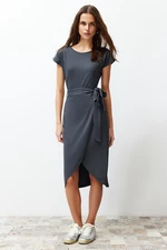 Trendyol Anthracite 100% Cotton Double Breasted Closure Tie Detailed Midi Knitted Maxi Dress