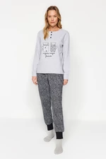 Trendyol Gray Cotton Slogan Detailed Tshirt-Jogger Knitted Pajamas Set
