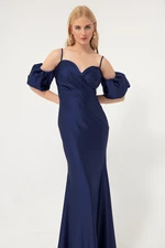 Lafaba Women's Navy Blue Rope Straps Low-Sleeve Long Satin Evening Dress.