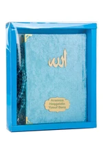 Velvet Coated Yasin Book - Bag Size-Name Special Plate - Rosary - Boxed - Blue Color - Religious gift