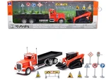 Peterbilt 379 Flatbed Truck Orange and Kubota SVL 95-2S Track Loader with Street Signs 1/32 Diecast Models by New Ray