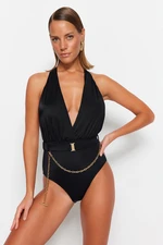 Trendyol Black Deep-Decollete Accessorised, Regular Leg Swimsuit