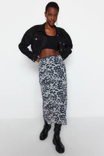 Trendyol Black Waist Detail Printed Stretch Tulle Maxi Knitted Skirt