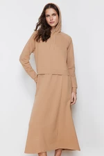 Trendyol Camel Hooded Knitted Sweat Dress