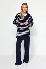 Trendyol Navy Blue Striped Collar With Tie Detailed Sweater-Pants