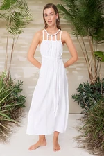 Trendyol White Belted Maxi Woven Tie 100% Cotton Beach Dress