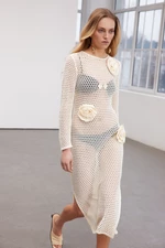 Trendyol Limited Edition Ecru Midi Knitwear Rose Embroidered Detailed Openwork Unlined Dress