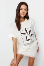 Trendyol Ecru 100% Cotton Printed Relaxed/Wide, Comfortable Cut Crewneck Knitted T-Shirt