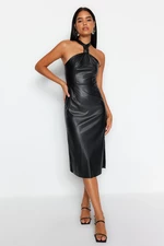 Trendyol Black Fitted Midi Faux Leather Woven Dress