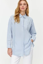 Trendyol Blue Pearl Detailed Cotton Woven Shirt