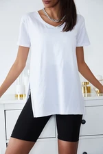 XHAN Women's White Basic V-Neck Slit T-Shirt