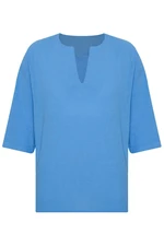 XHAN Blue V-Neck Poor Sleeve Oversized Linen Shirt 2x2x2-45964-12