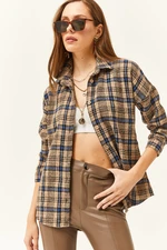 Olalook Women's Camel Navy Blue Plaid Lumberjack Shirt