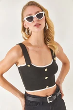 Olalook Women's Black Halter Button Detailed Crop Knitwear Blouse