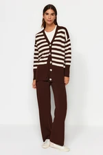 Trendyol Dark Brown Button Detailed Jacquard Striped Cardigan Trousers Knitwear Two Piece Set