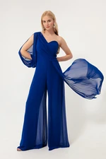 Lafaba Women's Sax One Sleeve Belted Evening Dress Jumpsuit