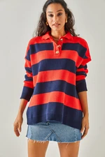 Olalook Women's Red Navy Blue Polo Neck Striped Buttoned Thick Knitwear Sweater