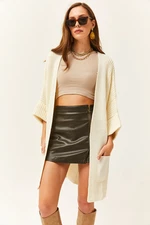 Olalook Women's Ecru Oversized Oversize Cardigan with Folded Pocket