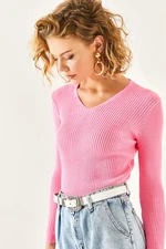 Olalook Women's Pink V-Neck Ribbed Lycra Knitwear Blouse