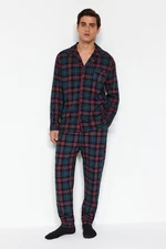 Trendyol Men's Navy Blue Regular Fit Plaid Knitted Pajamas Set.