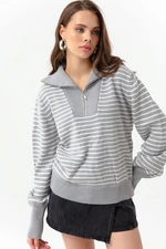 Lafaba Women's Gray Zipper Detailed Striped Knitwear Sweater