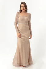 Lafaba Women's Beige Square Neck Stoned Belted Long Evening Dress.