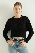 Lafaba Women's Black Crew Neck Openwork/Perforated Knitwear Sweater