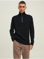 Černý pánský žebrovaný svetr na zip Jack & Jones Perfect - Pánské