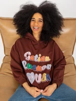 Dark brown long sweatshirt with lettering and hood