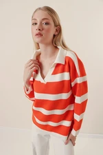 Bigdart 15792 Polo Neck Striped Sweater - Orange
