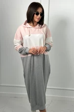 Tri-Color Hooded Dress Powder Pink + Ecru + Grey