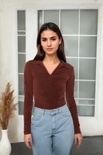 Trendyol Brown Slim Pleated Polo Neck Stretchy Knitted Blouse