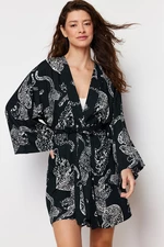 Trendyol Anthracite Belted Animal Patterned Viscose Woven Dressing Gown