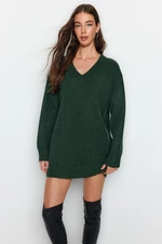Trendyol Green Super Mini Knitwear Soft Textured V-Neck Tunic Dress