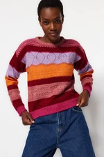Trendyol Světle růžový svetr z pleteného úpletu s měkkou texturou s barevným blokem