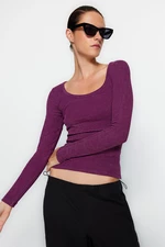 Trendyol Purple Anti-aging/Faded Effect Corduroy Neckline Fitted with Stretchy Knitting Cotton Blouse