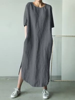 Women Cotton Solid Color Loose Half Sleeve Side Pockets Dress