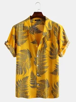 Pine Leaves Print Cotton Short Sleeve Relaxed Shirts