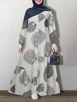 Women 100% Cotton Floral Printing O-Neck Long Sleeve Elastic Cuffs Casual Loose Maxi Dress